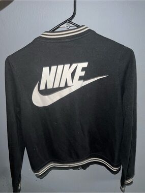 Nike Black Jacket with White Logo and Striped Trim